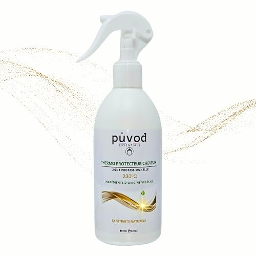 PUVOD Spray Coiffant Thermo-Protecteur lissage Cheveux 300ml Soin Salon sans Rinçage. Usage avec des outils de coiffage chauffants. Protection anti-UV. Protection 230°C. Anti frisottis. kératine.