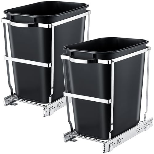 Dunkive Paquete de 2 botes de basura extraíbles de 30 litros y 8 galones para debajo del gabinete, cubo de basura de cocina debajo del fregadero, incluye 2 estantes de acero inoxidable y 2 cubos de