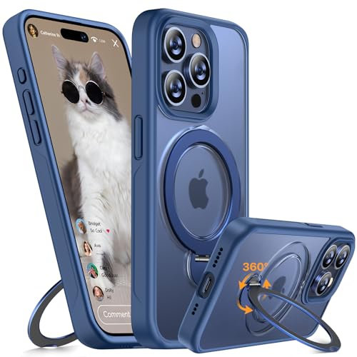 Miracase Handyhülle für iPhone 15 Pro Hülle Entwurf für MagSafe Matt Handy Hülle mit Eingebautem 360° Spin Magnetischer Ständer Schutzhülle Case 15 Pro Durchscheinende (Blau)