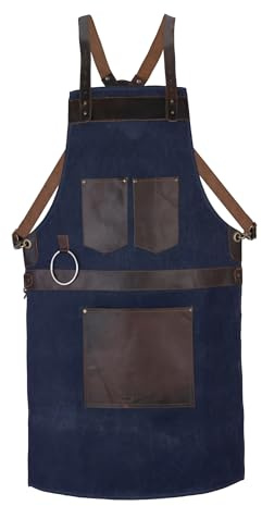 Leathershire Gewachste blaue Leinenschürze aus handgefertigtem Leder, Metzgerschürze, Bastelschürze, Grillschürze, Kochschürze, Schmiedeschürze, Friseurschürze, Holzschürze, blau, Einheitsgröße