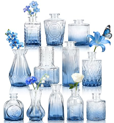 Der Rose 12 Stück Blaue Kleine Vasen Glasvasen für Tischdeko Mini Vintage Vasen Set für Hochzeitsdeko Party Deko Geschenk