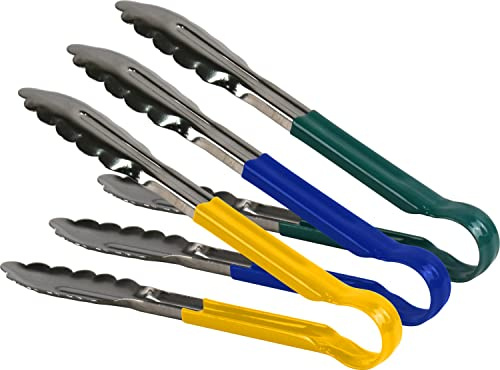 Stainless Steel Multi-Colour Kitchen Tongs Set, Non-Stick, for Air Fryer, Salad, Pasta, BBQ Servings (9'' (Green, Blue, Yellow))