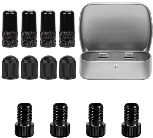 12pcs Bike Presta Valve Adapter Sets, Aluminum Alloy and Plastic Bicycle Adaptors and Valve Caps with Storing Box Bike Tire Air Pump Adapters for Basketballs Volleyballs Footballs Balloons (Black)
