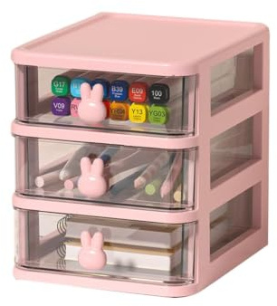 Boîte de Rangement à Tiroirs Transparents – 3 Niveaux, Poignée Lapin, pour Livres et Accessoires (ROSE)