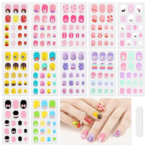JSRQT 12 Blatt Süße Nagellack Aufkleber, Nagelfolie Selbstklebend für Kinder Mädchen, Selbstklebende Nagelkunst Aufkleber mit Nagelfeile, Gel Nagelaufkleber Streifen mit Cartoon-Muster für Nail Art