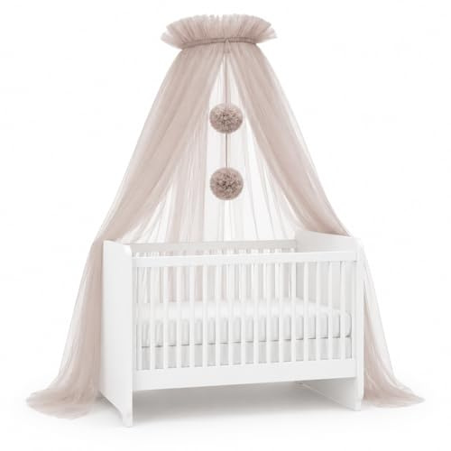 Baby Fancyroom Ciel de lit de bébé en tulle, lit d'appoint, moustiquaire, décoration de chambre de bébé, baldaquin pour chambre d'enfant, 165 cm de long, avec pompons, taupe
