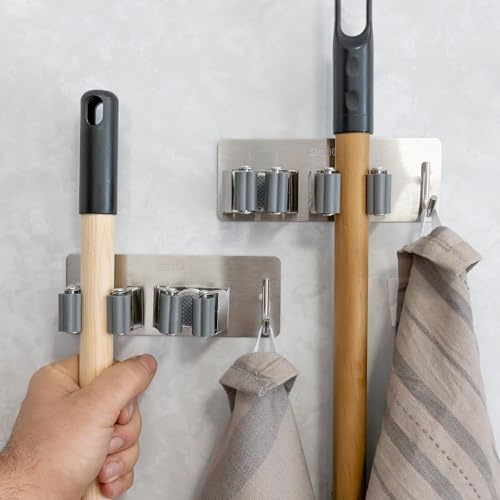 Ataraxia Home Besenhalterung Wand – Set 2 Versilbert Besenhalter – Besenhalter & Wandhalterung Besen – Besenstiel Halterung – Gartengeräte Halterung für Keller, Garage & Haushalt