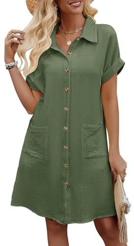 Niwicee Vestidos Verano Mujer Manga Corta Cuello V Mini Vestido Mujer Algodón Rectos Sueltos Botones Vestido Camisero Casual Vestidos de Playa con Bolsillos(Verde,L)