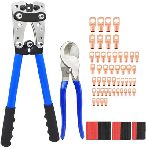 Cable Lug Crimping Tool with 50/100/200Pcs Copper Wire Lugs, Battery Cable Lug Crimping Tool Kit for AWG 10-1/0, Cable Cutter, 80Pcs Heat Shrink Tubing,Battery Terminal Crimper Tool