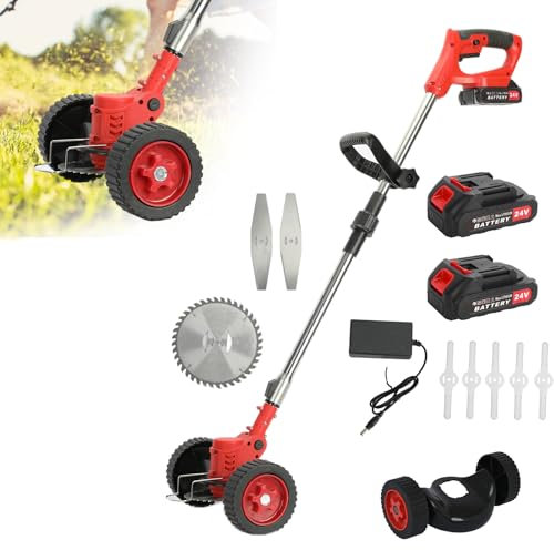 Wacker de Mauvaises Herbes sans Fil, Tondeuse à pelouse mangeur électrique 24 V avec Roues, Coupe-tirage télescopique 800W Rechargeable tête réglable et Moteur Puissant, Coupe-Herbe/Rouge