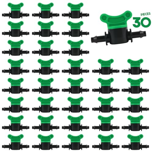 Kalolary 30PCS 1/4 Green Drip Irrigation Valves | Drip Line Barbed Valves Fittings Garden Shut Off Switch Valve for 4/7mm Tube Water Flow Control Drip Line Parts Cut Off Valve
