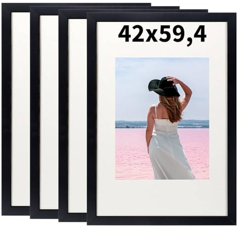 Truevaste 4 Stk. Bilderrahmen A2 Schwarz, 42x59.4 cm MDF Fotorahmen, Klassischer Bilder Rahmen für Wand Tischbilderrahmen, Picture Frame für Poster Hochzeitsfotos Abschlusszeugnis Jubiläum Geschenk