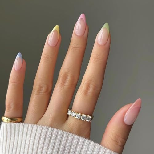 SXVME Colorful French Tip Press on Nails Medium Short Almond, Natural Nude False Nails with Rainbow French Tips Designs, Glossy Gel Finish Stiletto Acrylic Nails Press Ons for Women Daily Wear 24 Pcs