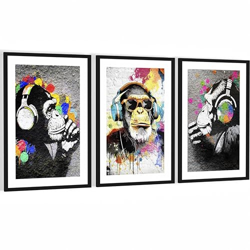 Novart Wandbilder mit Rahmen Banksy Collage - Wohnzimmer Schlafzimmer Loft Wanddeko - 3 Bilder Set Grau Bunt - N134536aR2