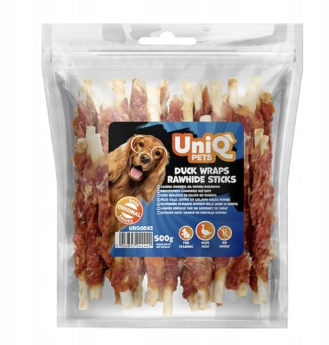UNIQ Pets Kauknochen Hund 500 g Ente auf Rinderhaut Kaustangen Entenbrust Streifen kaurollen für Hunde getreidefreier Hundesnack hundeleckerli kausticks für Hunde