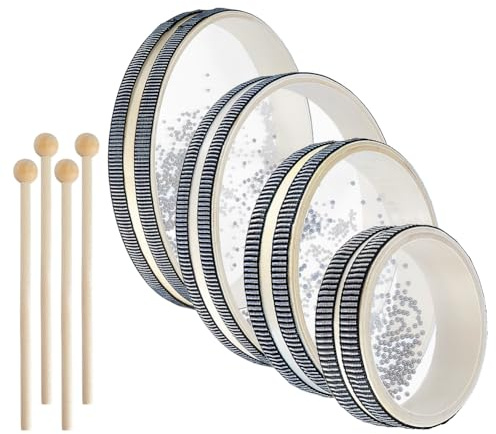 OLYCRAFT 4 tambores océano con 4 palillos de madera (10/15/20/25 cm) Tambores de bolas ondulados, instrumentos de percusión de sonido marinos con efecto de olas para decoración del hogar (negro)​
