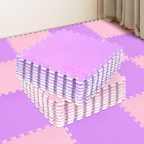 15 Pcs Plush Foam Floor Mat 30 x 30 cm Square Interlocking Carpet Tiles with Border Soft Fluffy Play Mat Floor Tiles Climbing Area Rugs for Home Playroom Nursery (Pink, Purple)