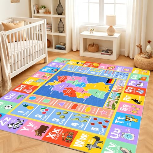 Luogort Teppich Kinderzimmer, Weicher Plüsch Baby Teppich ABC Rechteck Alphabet Karte-Teppich für Kinder, Lernteppich für Kinder für Klassenzimmer, Spielzimmer, Schlafzimmer, Kinderzimmer 120x160 cm