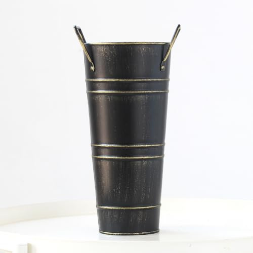 Jarrón a prueba de fugas de cubo de hierro galvanizado; cubo antiguo retro con arreglo floral, cubo decorativo redondo para guardar paraguas; jarrón decorativo, caja para guardar macetas, caja para gu