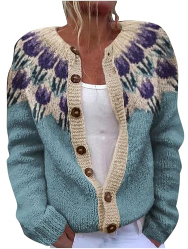 TURWXGSO Cardigans for Women UK Retro Ethnic Print Jumper Warm Casual Ladies Knitted Crew Neck Front Button Up Aran Cardigan Long Sleeve Lightweight Sweater Jackets Knitwear