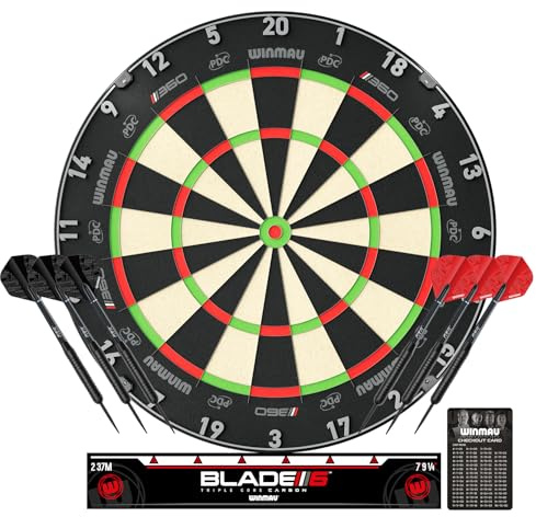 WINMAU Blade 360 Triple Core Carbon Dartboard Paket – Innehåller Blade 360 Dartboard med 2 set 19g stålspets darts (1 set svarta & 1 set röda flights), avslutningskort och mer