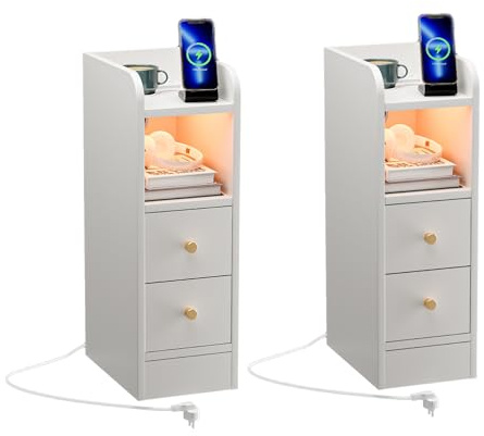 Ztexkee Lot de 2 Table de Chevet étroite avec Prise et Barre Lumineuse LED Table d'appoint étroite Table de Nuit avec 2 tiroirs et 2 Compartiments de Rangement pour Chambre à Coucher, Salon Blanc