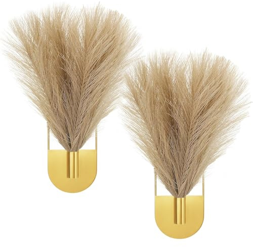 Nacidooka 2 Pcs Hanging Planters with Artificial Pampas Wall Plant Holder for Indoor Plants, Metal Hanging Vase Modern Boho Bathroom Wall Decor for Home Living Room Hallway Office(Gold)
