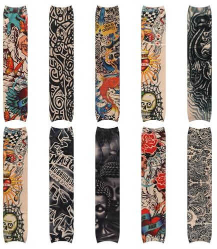 10PCS Juego de Mangas de Brazo, Tatuaje Falso Mangas, Protectores Solares pour Ciclismo y Deportes al Aire Libre, Tela Elástica de Seda de Hielo, Estilos Modernos y Coloridos pour Adultos