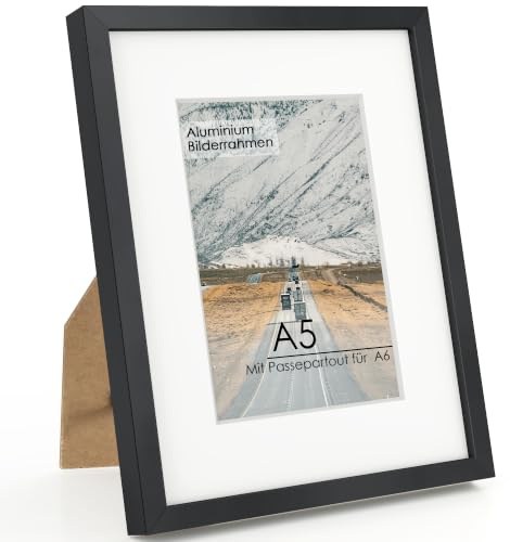 FLYJOE Premium Alu-Bilderrahmen A5 Schwarz – Mit Passepartout für A6 (10,5x14,8cm) – Hochwertiger Metallrahmen mit bruchsicherem Premium Acrylglas für Galerie-Optik & Fotografie