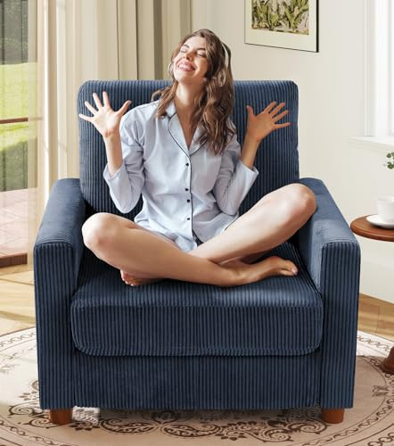 Kidirect Cord Sofa 1 Sitzer, 90CM Lesesessel Bequem, Sessel Wohnzimmer | Big Sessel 57CM Extra Tiefe Sitze, Werkzeugfreie Montage, Modernes Sofa Klein fürs Büro, Ohrensessel Schlafzimmer Sofas Blau