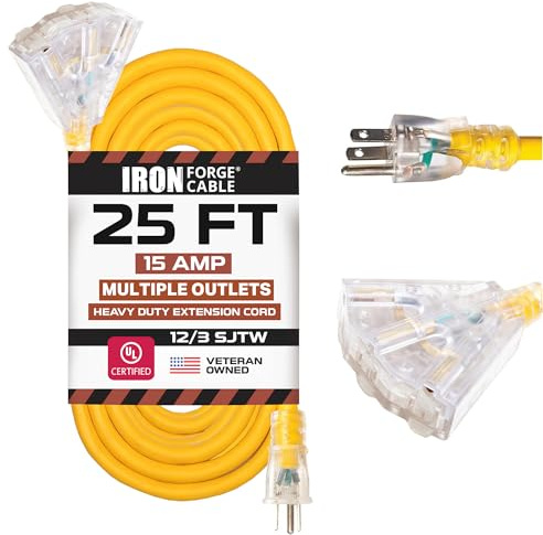IRON FORGE CABLE 25 Foot Lighted Outdoor Extension Cord with 3 Electrical Power Outlets - 12/3 SJTW Heavy Duty Yellow Extension Cable with 3 Prong Grounded Plug for Safety, 15 AMP
