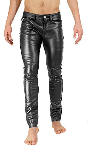 Bockle Super Skinny Faux svarta konstläderbyxor för män tight stretch läderrör, svart, 38W x 36L