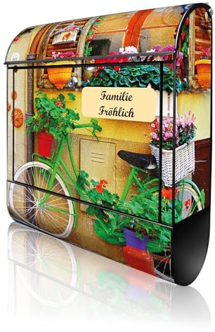 banjado Design Briefkasten personalisiert 38,5x46,5x13cm & 2 Schlüssel - Briefkasten Stahl Schwarz Zeitungsfach pulverbeschichtet - Postkasten A4 Einwurf inkl. Montagematerial - Motiv Grünes Fahrrad