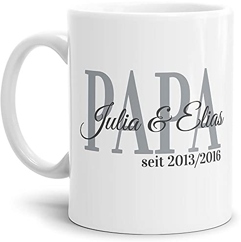 Tasse - Papa seit - zum selbst Gestalten mit Kindernamen und Geburtsjahren - Geschenk für den besten Papa - Keramiktasse, Weiß Glanz, 300 ml