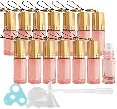 TIANZD 20Pcs, 5ml Empty Pink Glass Essential Oil Roller Bottles with Gold Screw Cap Keychain Roll on Bottles Rollerball Bottle for Essential Oil Perfume, 1x Funnel 1x Opener 1x pipette