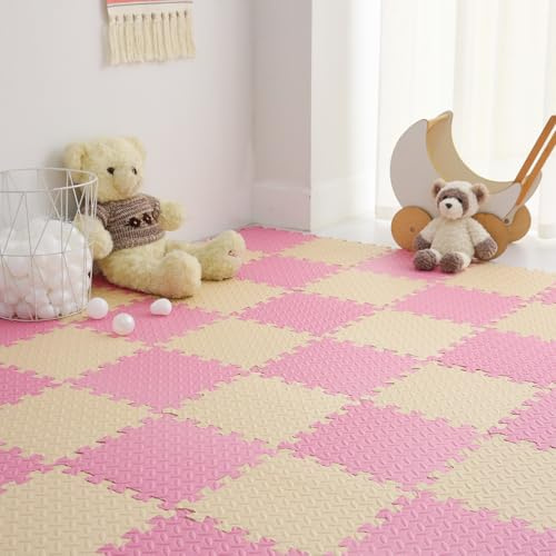 Tamiplay 16 Tiles, 0.4 Inch Thicked Interlocking Floor Mats with Solid Colors, Squares Baby Play Mat, EVA Foam Puzzle Floor Mat Foam Mats for Kids, Baby, Toddlers (Beige/Pink)
