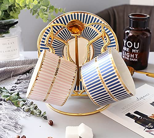 mb Tea Cup and Saucer Set, Porcelain Ceramic, Matte White, 200ml, with Stainless Steel Gold Teaspoons, Heart Shape Rack, Set of 2