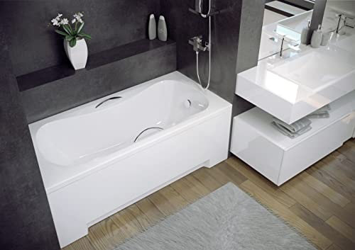 ECOLAM® Badewanne Rechteck Acryl Aria weiß 150x70 cm + 2 Handgriffe + Schürze Ablaufgarnitur Ab- und Überlauf Automatik Füße Silikon Komplett-Set