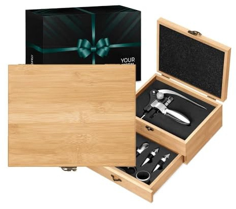 Maverton Ensemble d'accessoires pour vin avec coffret en Bois de Bambou | Jeu d'Accessoires pour Vin, Coffret du sommelier, Cadeau d'accessoires pour le vin