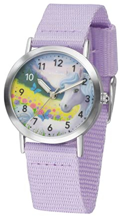 Atrium Kinder Armbanduhr Mädchen Analog Quarz mit Nylonband Textilband Lila Violett und Motivzifferblatt Pferd Siabelle Pastellfarben A44-18