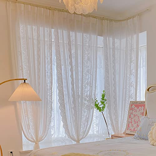 V3VOGUE Französische Gardinen Weiße Spitzen Vorhänge Für Mädchenzimmer - 2 Stück Gardinenschals Kinderzimmer - Halbtransparent - ​​romantisch - Fenstervorhang, 140x200cm, 270x230cm