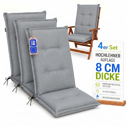 Pillows24 Hochlehner Auflagen 4er Set 120x50x8cm, Wasserabweisend & UV-fest | Premium-Material 200gsm, Extra dicke Polsterung 8 cm, Sitzauflagen Hochlehner, Sitzkissen Gartenstuhlauflagen, Grau