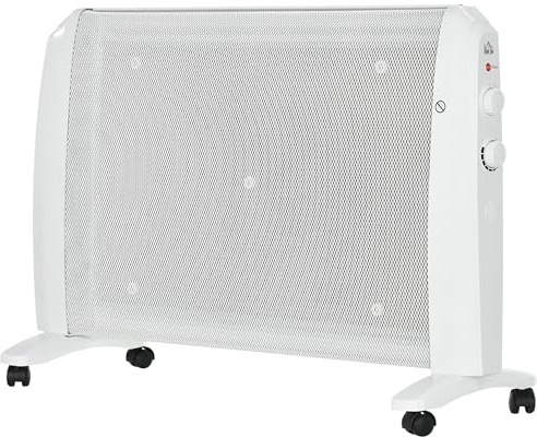 HOMCOM Calefactor Eléctrico bajo Consumo 1000W/2000W Radiador de Mica con 2 Niveles de Potencia Termostato Regulable y 4 Ruedas para Sala de 15-20 m² Silencioso 79x27x54 cm Blanco