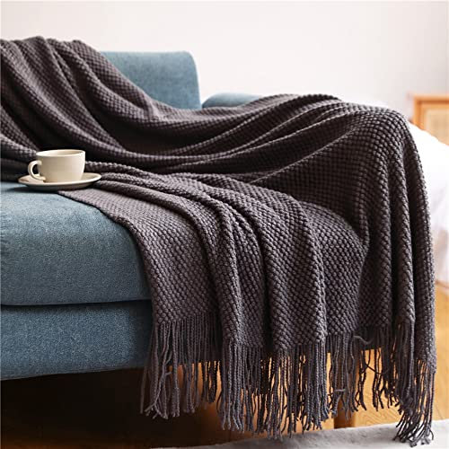 AVRYN Plüschdecke, Decke, Wabendecke mit Quasten, wendbare große Strickdecke, leichte, weiche, warme Bettdecke mit Fransen, 127 x 172 cm-Rot (Color : Dark Grey)