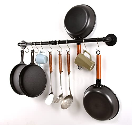 LINKPIPES Rohr Topf Pan Rack Wandbefestigte industrielle Utensil Deckel Halter Kochgeschirr Aufhänger Küche Organizer Hängende Bar Schiene mit S Haken (36 Inch, Schwarz)
