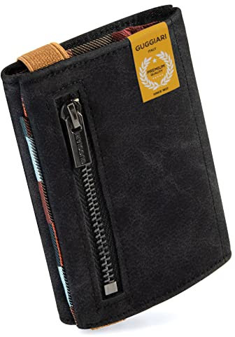 GUGGIARI® Slim Wallet mit Münzfach aus Microfaser Jacquard mit RFID Schutz - Schlankes Portemonnaie für Kreditkarten - Kreditkartenetui - Brieftasche für unterwegs(Black-Multi)