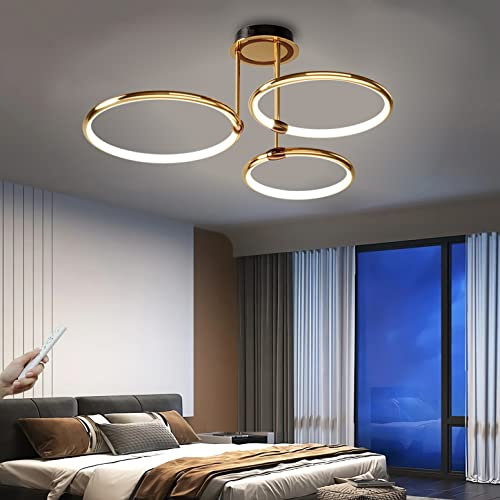 WERSVG Modern LED Deckenleuchte 60W 3100lm Dimmbar Deckenlampe 3-Ring Wohnzimmerlampe Gold Schlafzimmerlampe mit Fernbedienung Led Ringsform Beleuchtung für Wohnzimmer Schlafzimmer Küche Esszimmer