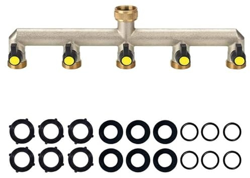YAAVAAW Brass Garden Outside Tap Splitter 5 Way Hose Manifold,3/4'' Tap Diverter Adapter Hose Pipe Tap Outdoor,Multi Tap Connector,Faucet Splitter,Hose Bib Splitter,5 Way Diverter w/ On/Off Valves