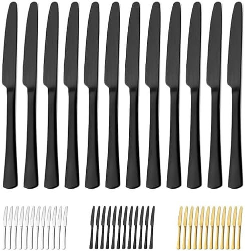 Bestdin Tafelmesser Set 12 Stück, 23.8cm(9.37 inch) Messerset, Buttermesser aus Edelstahl, Besteck Messer Essmesser mit Wellenschliff für Küchen/Restaurants, Spülmaschinenfest, Mattschwarze