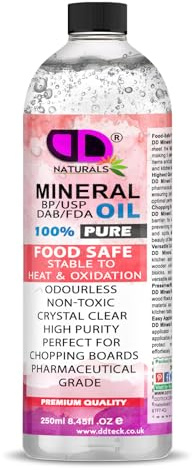 DD Teck Food Grade Mineral Oil – Chopping Board & Butcher Block Conditioner for Cutting Boards, Wood, Bamboo & Countertops – Clear, Tasteless, Odourless Kitchen Board Oil (250ml Cap)